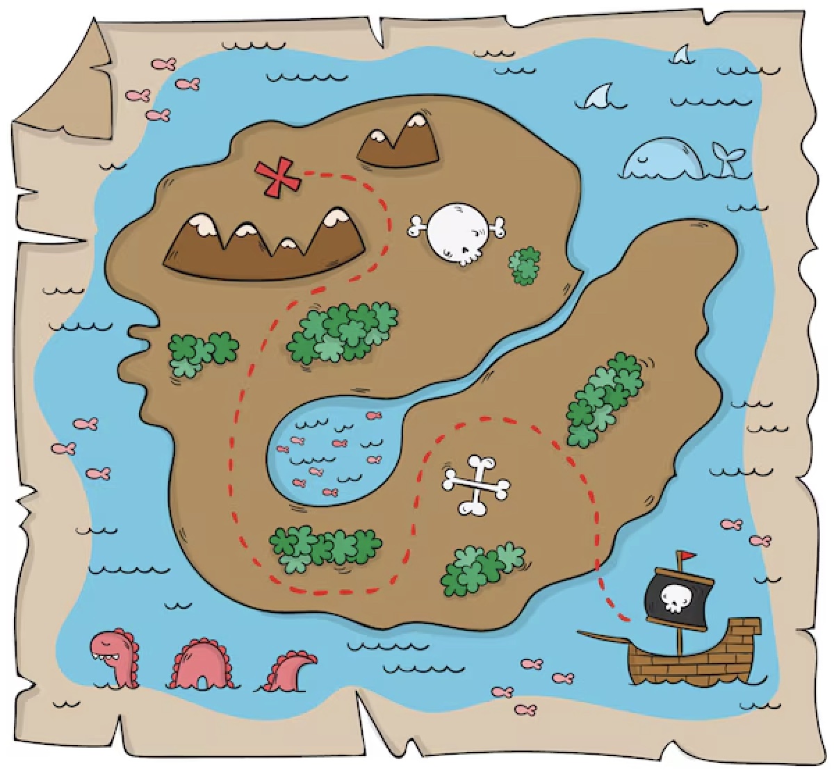 Ilustración de un mapa de una isla con un barco